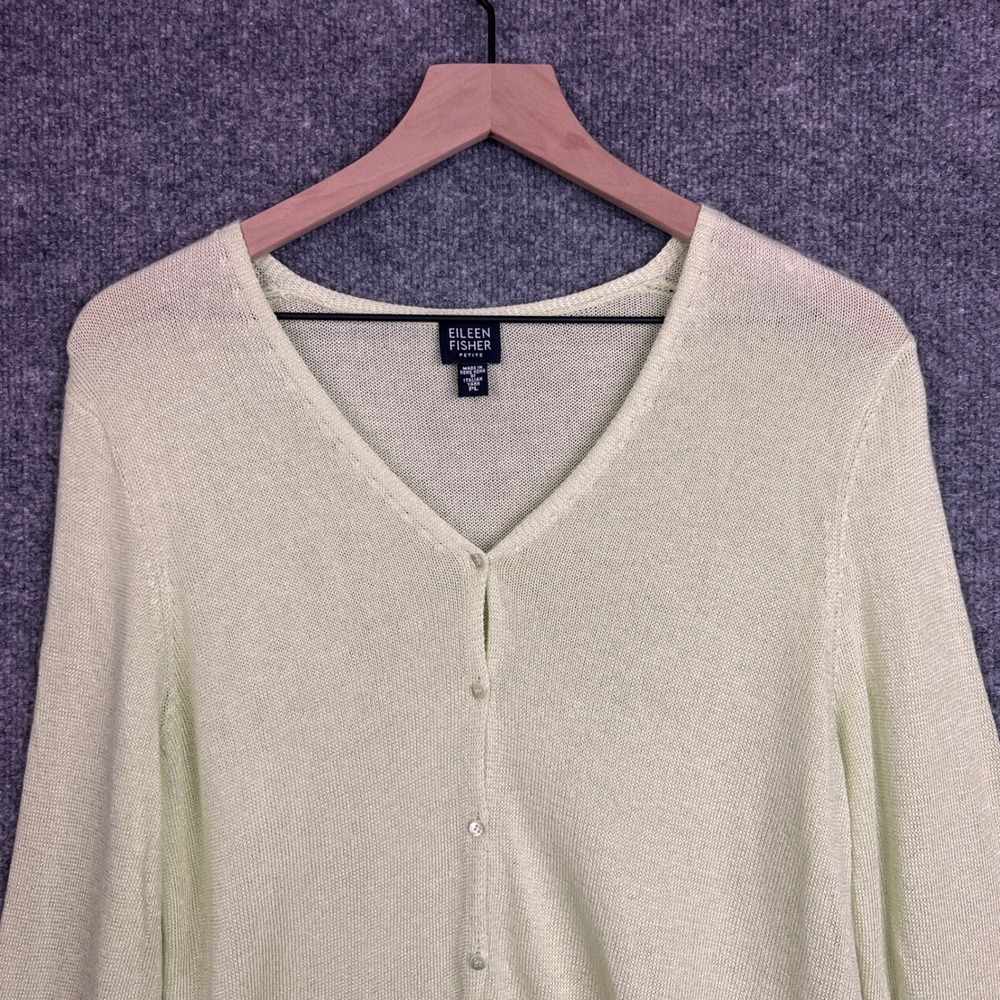 Eileen Fisher Petite‎ Cardigan Sweater Knit Button Up V Neck Green Linen Blend L - Picture 3 of 9